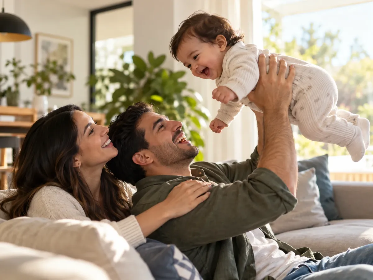 Familia latina jugando con su bebé en la sala de su casa